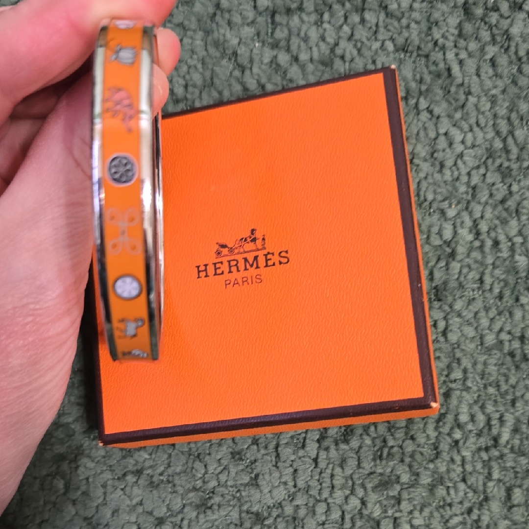 Hermes Orange Enamel Slim Bangle With Silver Accents